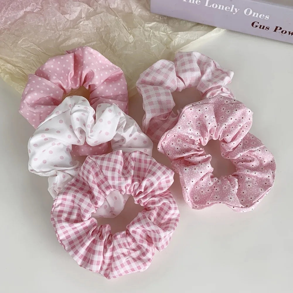 5pcs Polka Dot Hair Ties Elegant Cute Fabric Scrunchies with Flower Prints Sweet Floral Dot Hair Bands Academy Style for Ages
